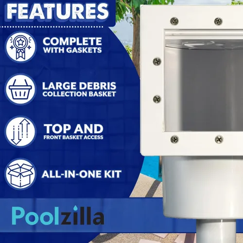 Vista 5 de Poolzilla Kit completo estándar de skimmer de pared para piscina sobre el suelo, blanco
