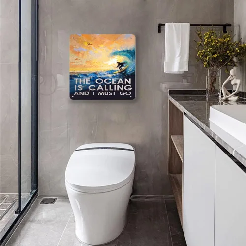 Vista 4 de Zomyto Letreros de lata con texto en inglés «The Ocean is Calling and I Must Go», arte de pared retro divertido de metal, póster vintage