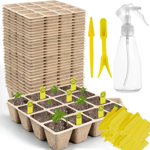 Vista 10 de Bandejas de inicio de plántulas de 200 celdas con agujeros de drenaje, 20 macetas de turba biodegradables, kit de inicio de plántulas, bandejas