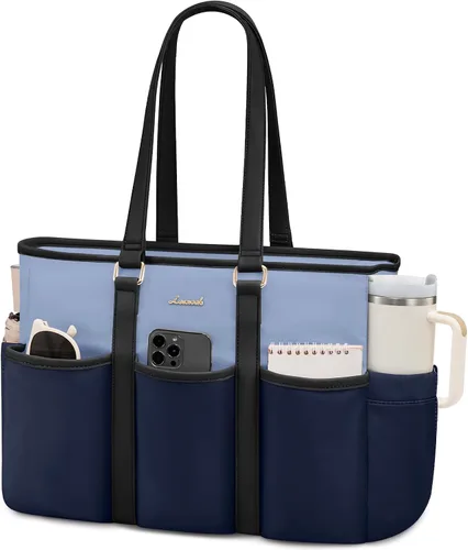 Vista 31 de LOVEVOOK bolso tote vintage para laptop para mujer, Beige-Negro, 15,6 pulg., Moda