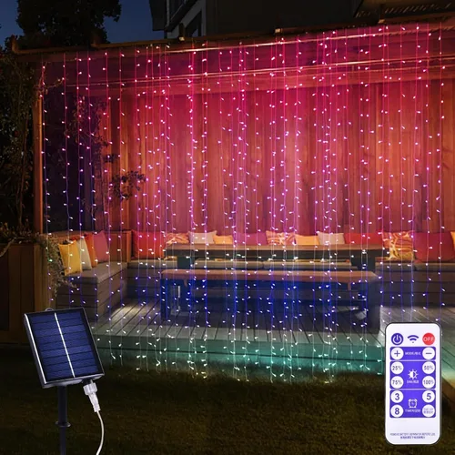 Vista 8 de 300 luces LED solares para cortina, para interiores y exteriores, luces solares de Navidad, para ventana de hadas, impermeables, parpadeantes, 8