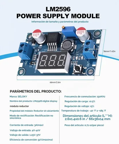 Vista 4 de LM2596 Módulo Convertidor de Potencia CC-CC Buck, Regulador de Voltaje Ajustable de 4-40V a 1.25-37V Convertidor Buck con Pantalla de Voltaje LED