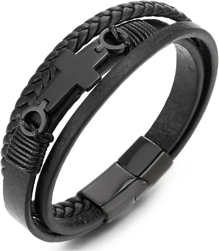 Vista 8 de Pulsera de cuero COOLSTEELANDBEYOND para hombre y mujer, cruz lateral plana, múltiples hebras, estilo brazalete
