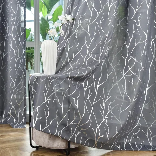 Vista 9 de Kotile Cortinas traslúcidas de rama de árbol – Cortinas traslúcidas grises con estampado de rama de árbol en lámina dorada metálica de 63 pulgadas