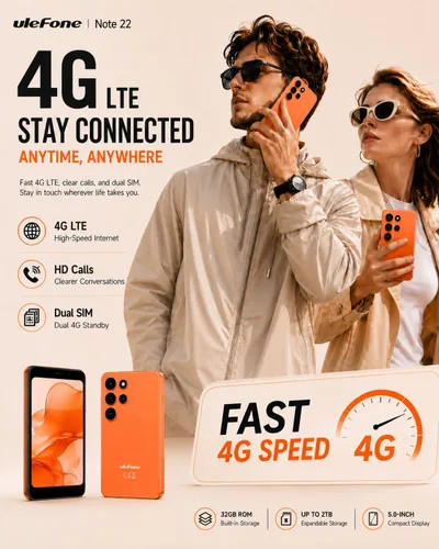 Vista 6 de Ulefone Nota 22 teléfono inteligente desbloqueado, 5" compacto Android 16 Naranja (Cosmic Orange)