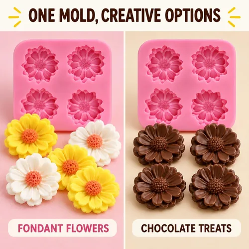 Vista 5 de Juego de moldes de silicona para fondant de 4 piezas con margaritas y rosas