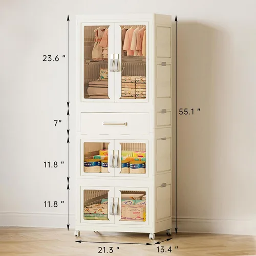 Vista 2 de Armario portátil para niños con puertas, armario de almacenamiento de plástico para bebés con barra colgante, armario para ropa de niños