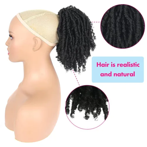 Vista 4 de Oseti Dreadlock - Cola de caballo rizada negra con cordón para mujeres negras, accesorios de moño de pétalos cortos con clip en colas de caballo