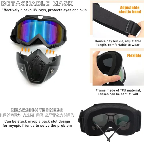 Vista 4 de povtii Gafas de Motocicleta, Gafas de Casco de Dirt Bike Resistentes al Viento con Máscara Facial Removible, Accesorios de Motocicleta (Colorido)