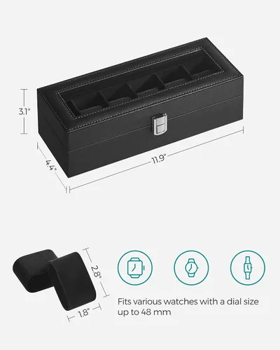 Vista 6 de SONGMICS Caja de reloj, caja de reloj de 6 ranuras con tapa de vidrio grande, almohadas extraíbles para reloj, organizador de caja de reloj, regalo