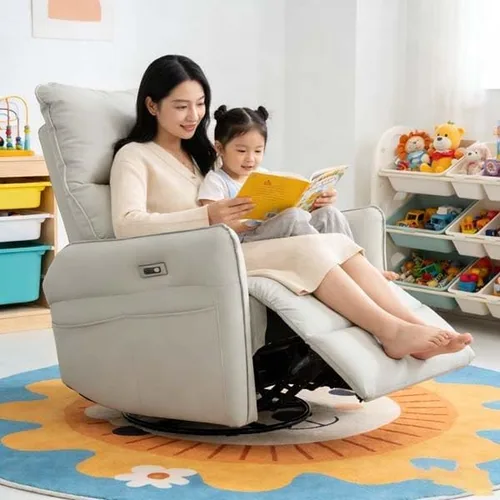 Vista 2 de Silla eléctrica reclinable giratoria con puertos USB, piel sintética para sala de estar (gris claro)