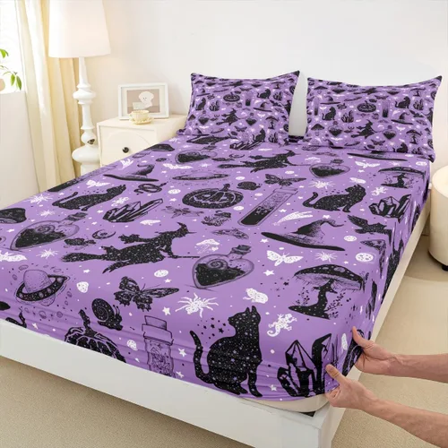 Vista 4 de Sábana bajera ajustable de Halloween tamaño individual, sábanas de calabaza y gato para niñas y niños, sombrero de bruja espeluznante morado
