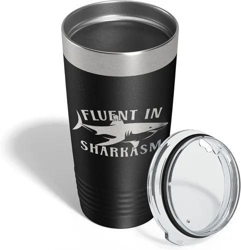 Vista 4 de Fluent in Sharkasm Tumbler Sarcasm Travel Mug Funny Shark Gift Insulated Laser Engraved Coffee Cup 20 oz Black