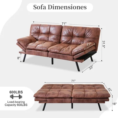 Vista 2 de Opoiar Sofá cama de piel sintética, futón de espuma viscoelástica, plegable, sofá compacto acolchado con patas de metal, moderno sofá biplaza Marrón