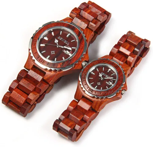 Vista 2 de Bewell ZS-100B - Reloj de cuarzo de madera para parejas para hombres y mujeres hecho a mano ligero con fecha a la moda rojo sándalo Red Sandalwood