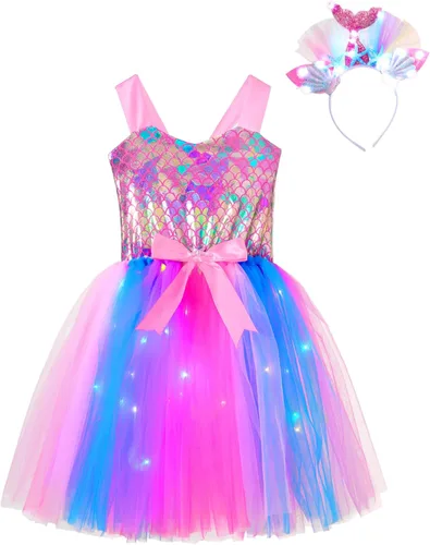 Vista 3 de CHICTRY Disfraz de sirena para niños y niñas, vestido de tutú de sirena con luz LED, vestido de Halloween para festival, cosplay, vestido de fantasía