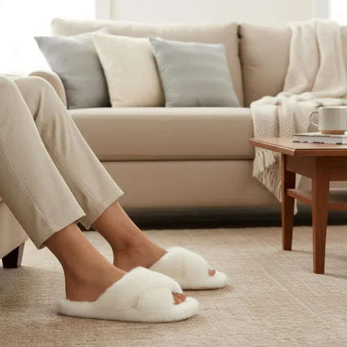 Vista 2 de Pantuflas mullidas para mujer, con banda cruzada, zapatos de casa para mujer, espuma viscoelástica, puntera abierta, silenciosas