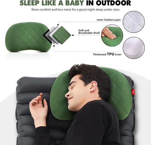 Vista 6 de Hikenture Bomba de pie doble para dormir con 2 almohadas de camping, color verde