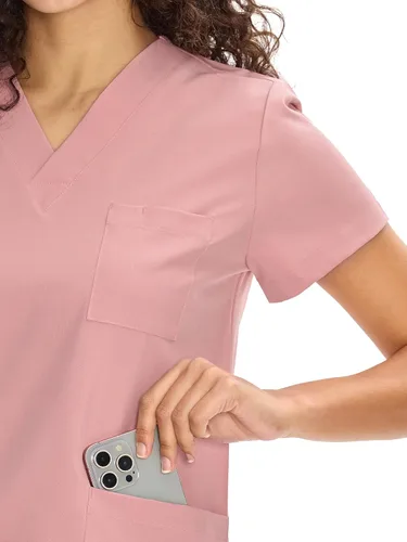 Vista 4 de COZYFIT Scrubs for Women Set - V-Neck & Straight Leg Pants with 9 Pockets Rosa