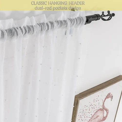 Vista 2 de Cortinas traslúcidas blancas de gasa con perlas blancas, paneles de tratamiento de ventanas, hermosas cortinas de gasa elegantes para sala de estar
