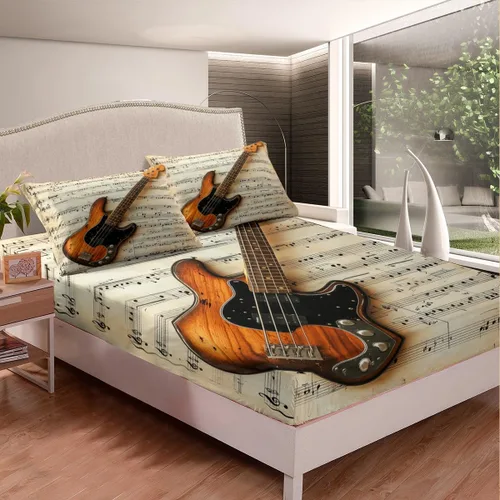 Vista 3 de Sábana bajera ajustable con estampado de guitarra, tamaño individual, protector de colchón con 1 funda de almohada, diseño de notas de partitura