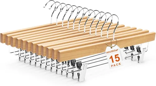 Vista 10 de HOUSE DAY Perchas de madera para pantalones con clips, paquete de 10 Natural