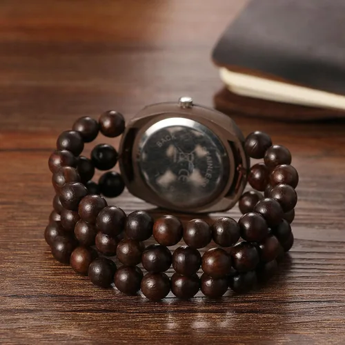 Vista 4 de JewelryWe Reloj elástico de madera bohemio pulsera de madera con cuentas Tonneau hecha a mano, esfera floral con banda elástica, reloj de pulsera