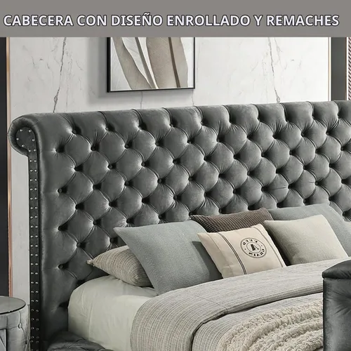 Vista 4 de Base de cama con chimenea y elevador de TV, marco de cama circular con botones acolchonados, cabecera enrollada y ribete de cabeza de clavos