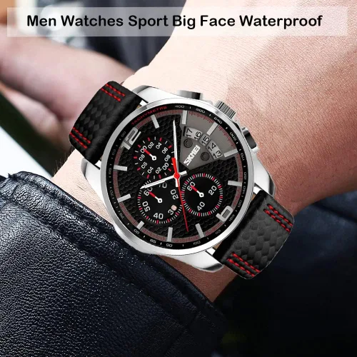 Vista 2 de SKMEI Men Watches Black Leather Band Sports Large Big Face Luxury Waterproof Luminous Fashion Dress Casual Analog Quartz Chronograph Father Gifts