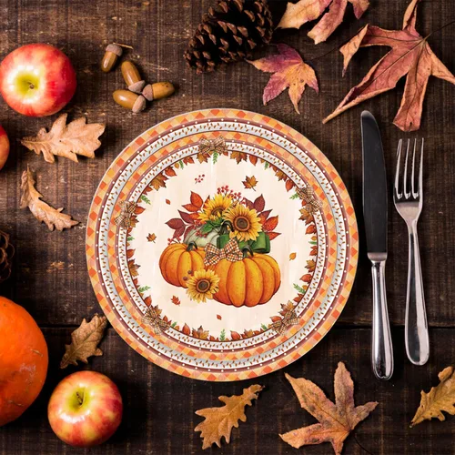 Vista 3 de Juego de platos y servilletas de Acción de Gracias, suministros de calabaza para fiesta de otoño, decoraciones de Acción de Gracias, juego