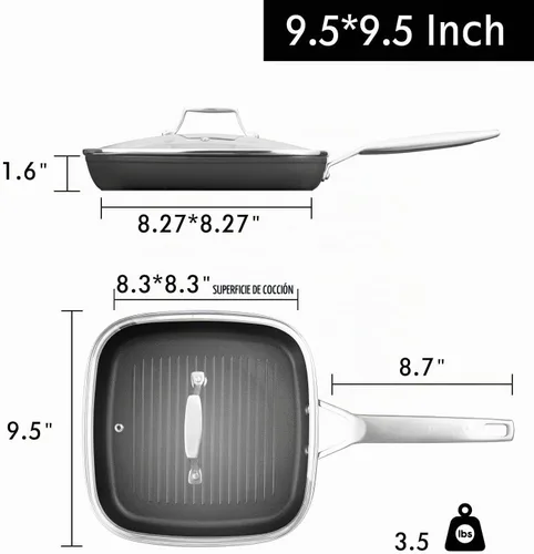 Vista 4 de MsMk - Sartén cuadrada con tapa de 9.5 pulgadas, sartén de parrilla antiadherente de titanio y cerámica, mango Stay-Cool, compatible con todas