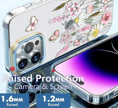 Vista 5 de luolnh Funda compatible con iPhone 15 Pro, para mujeres y niñas, a prueba de golpes, transparente, patrón floral, carcasa trasera dura para iPhone