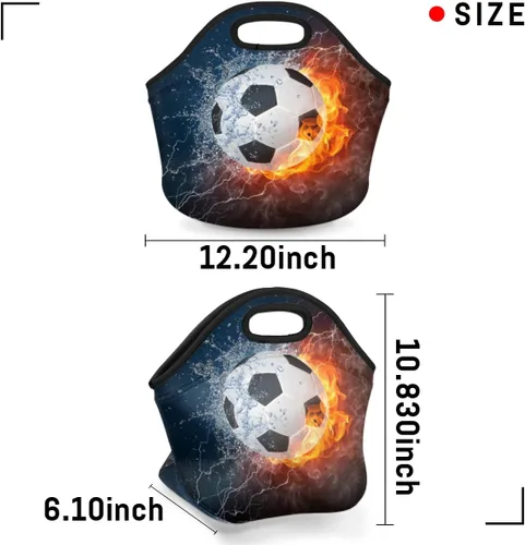 Vista 3 de Bolsas de almuerzo de neopreno con balón de fútbol en fuego de hielo para mujeres, bolsas de almuerzo, lavables, aisladas, para el trabajo, picnic