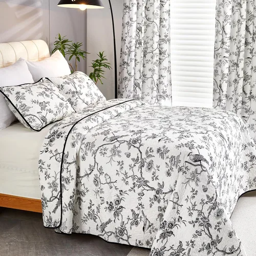 Vista 4 de EVENHUG Juego de edredón 100% algodón tamaño individual con estampado doble de pájaro negro, reversible, ligero, colcha, cubrecama con fundas