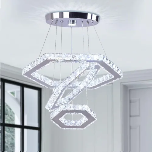 Vista 11 de Candelabro LED de cristal con iluminación regulable LED moderna lámpara de techo de 3 anillos ajustable de acero inoxidable para dormitorios y sala