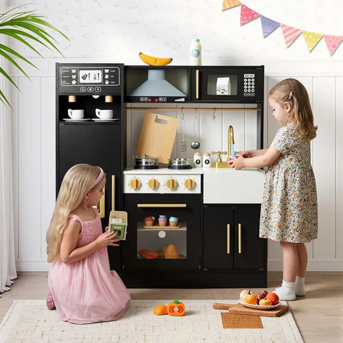 Vista 6 de Cocina de Juego para Niños, Juego de Cocina de Madera con Accesorios Realistas, Cocina de Lujo para Niños Pequeños, Campana Extractora