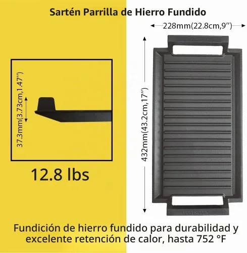 Vista 3 de Sartén para plancha, placa caliente de hierro fundido, parrilla rectangular, 2 asas con superficie acanalada para cocina eléctrica de inducción, 16
