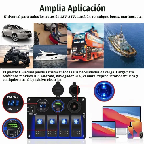Vista 7 de Panel de Interruptor Basculante de Barco Marino de 4 Posiciones, Color Azul, Interruptor de Palanca Impermeable con Ahorro de Energía para Camión