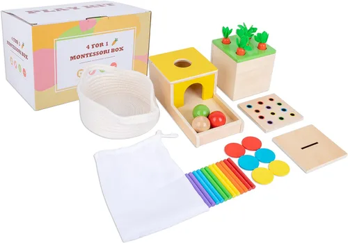 Vista 8 de Juguetes Montessori de madera para regalos de bebé de 1, 2 y 3 años, la caja del kit de juego incluye juegos de cosecha de zanahorias, caja