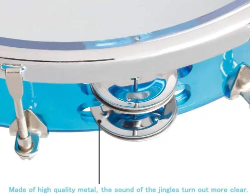 Vista 4 de ENNBOM Pandereta Ajustable Tono Mano Tambor Doble Fila Cascabeles de Metal Campana de Mano Nivel de Actuación Pandereta de Percusión de Mano (Azul)