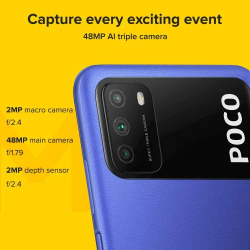 Vista 2 de Xiaomi POCO M3 Smartphone, 4 GB + 64 GB, 6.53 "FHD + Ampio 1080P FHD + Pantalla 49 MP, cámara Tripla, batería de 6000 mAh, Doppi Altoparlanti, Jack