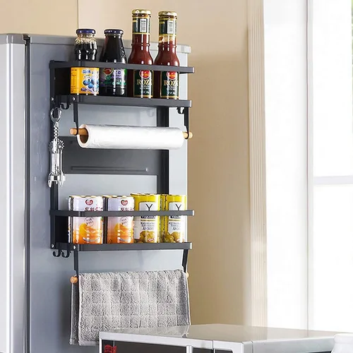Vista 3 de Jolitac Estante magnético para especias para refrigerador, organizador de ahorro de espacio, estante negro en el refrigerador, soporte para toallas