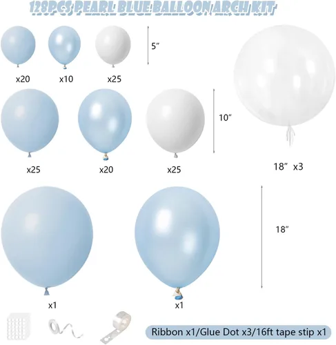 Vista 2 de Kit de arco de globos azules, 128 piezas globos azules y blancos, globos azules y blancos de doble relleno, globos de color azul claro y blanco