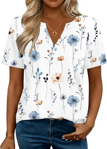 Vista 4 de Zeagoo Camisetas de manga corta con cuello en V para mujer, bonitas, elegantes, casuales, para negocios, trabajo, blusa