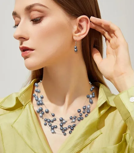 Vista 3 de Collar de perlas en capas de múltiples hebras, gargantilla de perlas para mujer, joyería de cuentas para bodas y fiestas