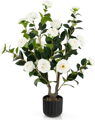 Vista 7 de Árbol de camelia artificial de 36 pulgadas con flores falsas Naranja