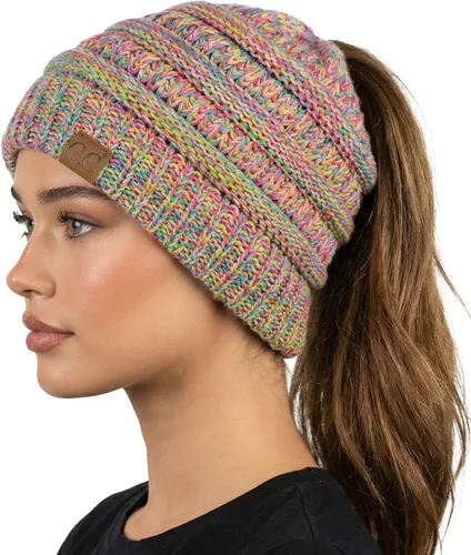 Vista 9 de Funky Junque Gorro de Cola de Caballo para Mujeres - Gorro de Invierno Ponyback Suave Elástico de Punto Trenzado Cola Alta Gorros para Correr