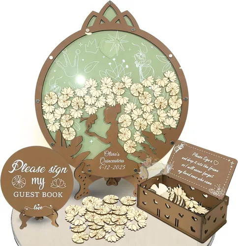 Vista 21 de Alternativa personalizada para libro de invitados de quinceañera, marco de madera rosa rubor, recuerdo de inscripción, princesa dulce 15 Mis