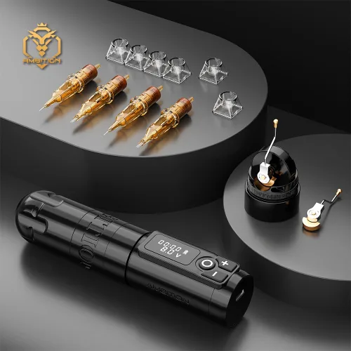 Vista 6 de Ambition Soldier - Bolígrafo rotativo de batería para tatuajes con cartucho, máquina de tatuaje con motor sin núcleo de 2400 mAh, fuente