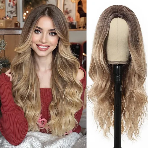 Vista 13 de Esmee Pelucas largas de color castaño rojizo ombré para mujer, peluca de cabello sintético ondulado y rizado natural para uso diario, fiestas